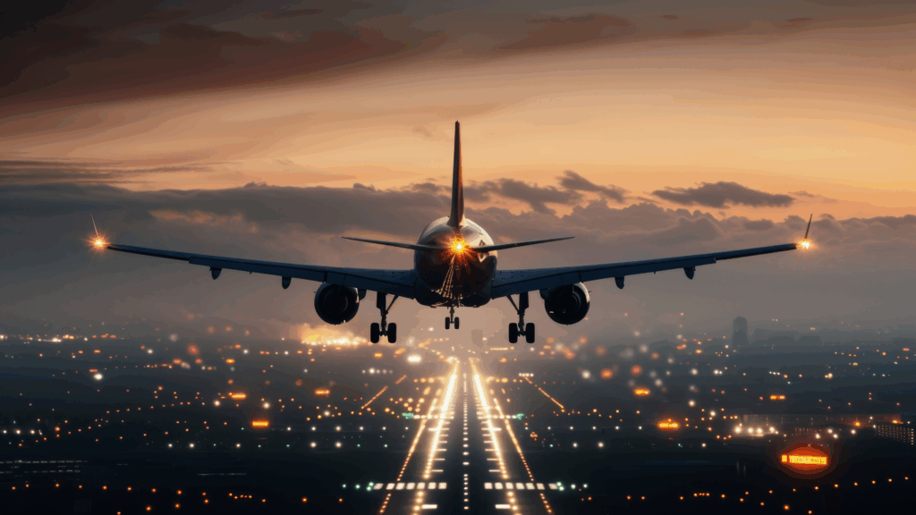 Airliner approaching runway at sunset with illuminated city and runway lights.