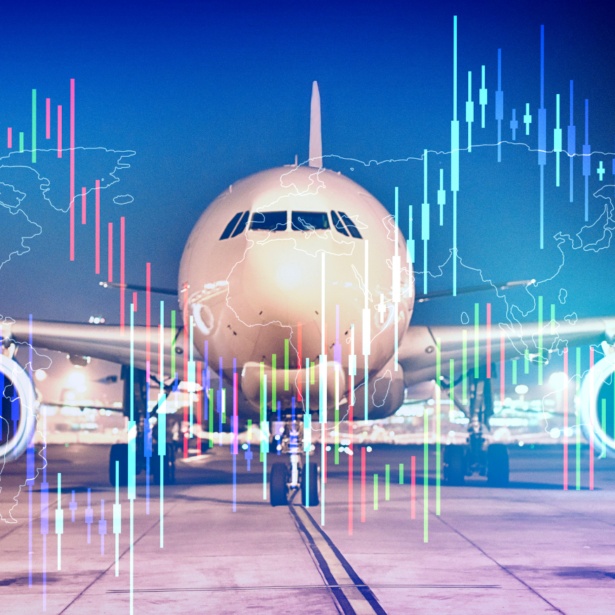 Airplane on tarmac with overlaid financial and market data graphics.