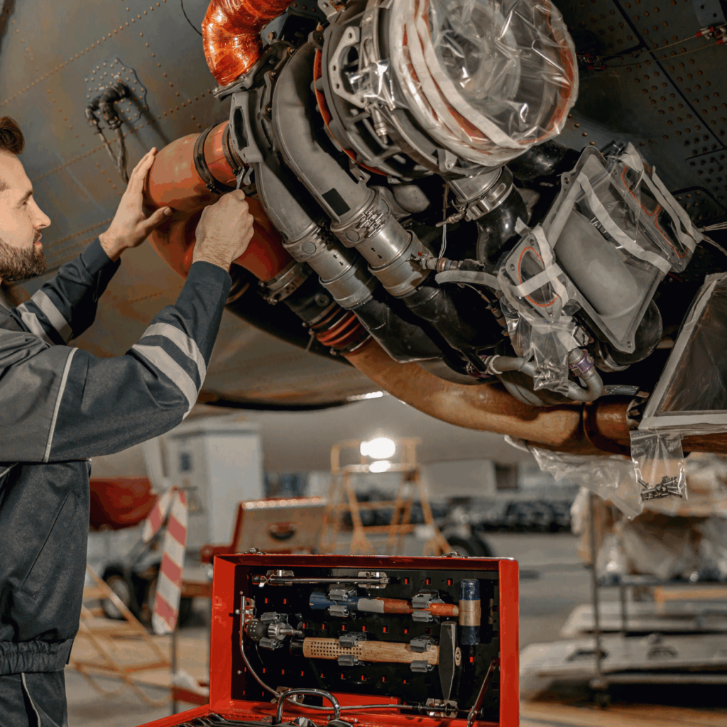 Aircraft technician performing maintenance on an engine inside a hangar.